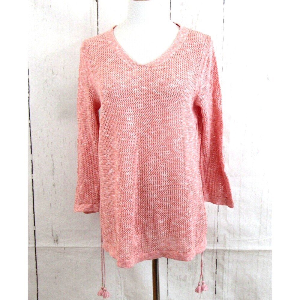 Talbots Open Knit Pullover Sweater Pima Cotton Tassles Peach White Size XLP